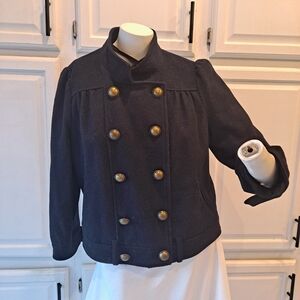 Idra Double-Breasted Black Wool Pea Coat Jacket Blazer Brass Buttons Pockets